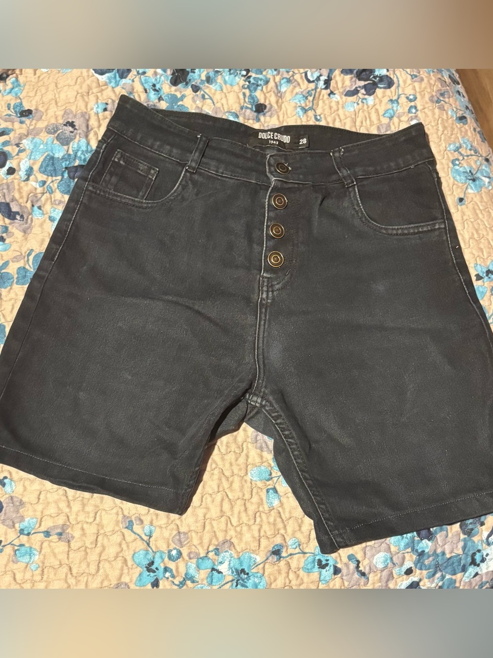 Black Denim Shorts with Brass Buttons